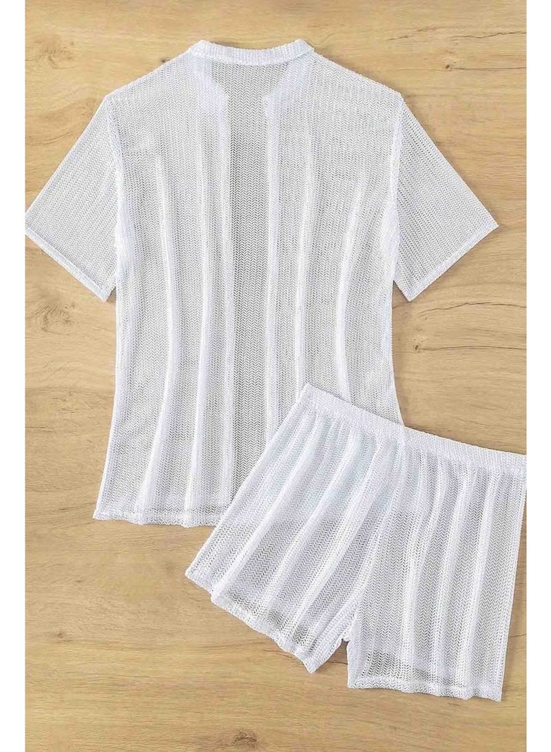 Angelsin Collar Detailed Shirt Look Bottom Top Shorts Set Beach Dress Pareo - Image 4